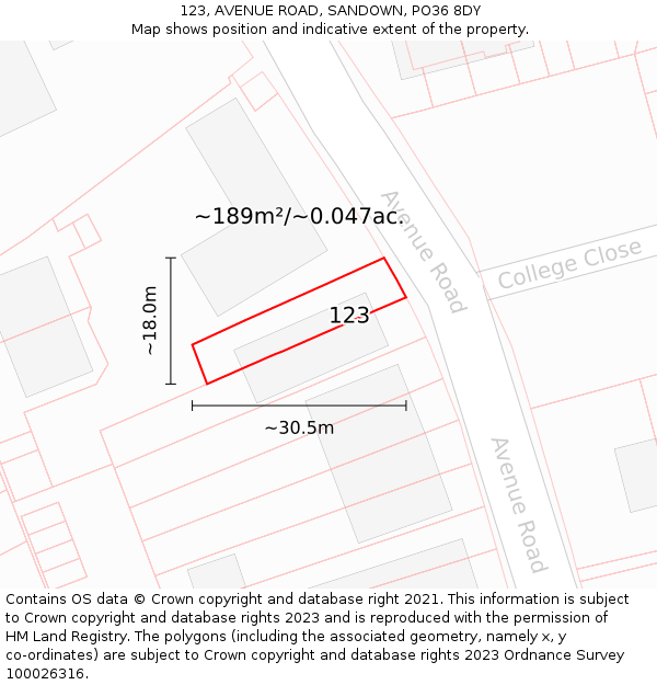 123, AVENUE ROAD, SANDOWN, PO36 8DY: Plot and title map