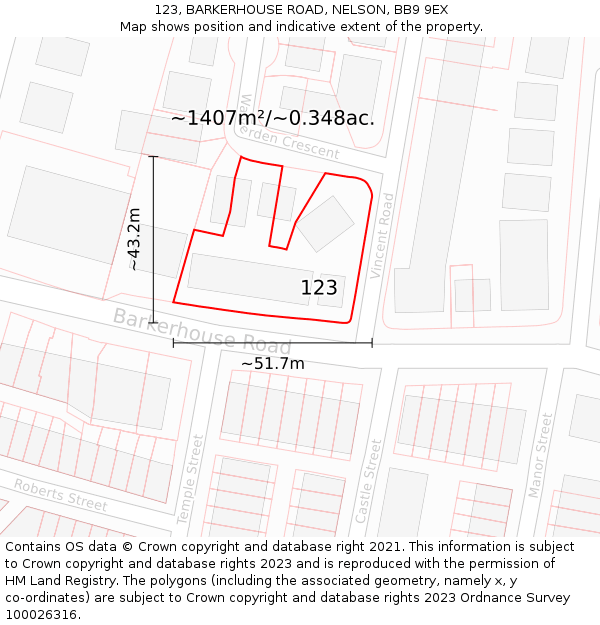 123, BARKERHOUSE ROAD, NELSON, BB9 9EX: Plot and title map