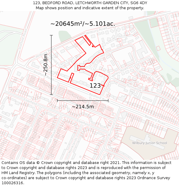 123, BEDFORD ROAD, LETCHWORTH GARDEN CITY, SG6 4DY: Plot and title map