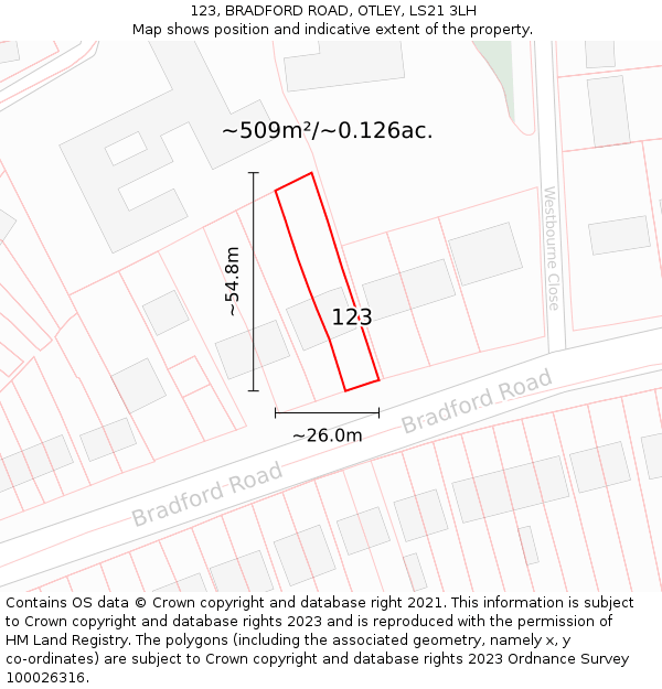 123, BRADFORD ROAD, OTLEY, LS21 3LH: Plot and title map