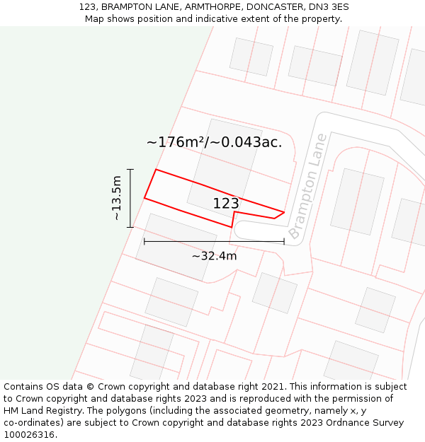 123, BRAMPTON LANE, ARMTHORPE, DONCASTER, DN3 3ES: Plot and title map