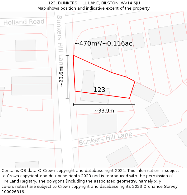 123, BUNKERS HILL LANE, BILSTON, WV14 6JU: Plot and title map