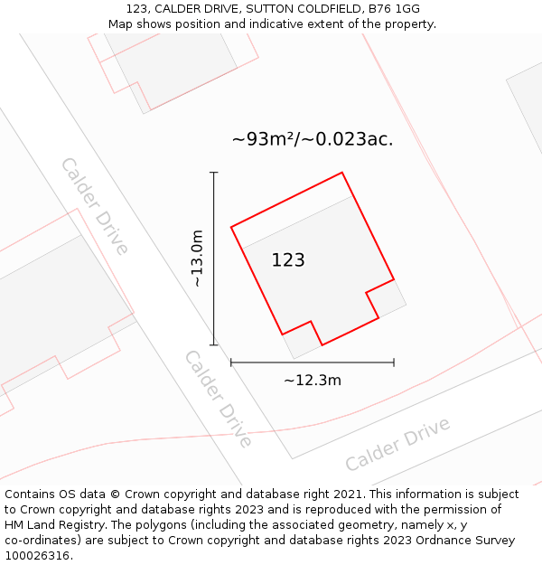 123, CALDER DRIVE, SUTTON COLDFIELD, B76 1GG: Plot and title map