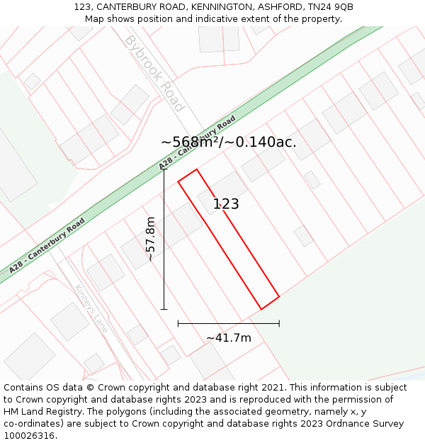 123, CANTERBURY ROAD, KENNINGTON, ASHFORD, TN24 9QB: Plot and title map