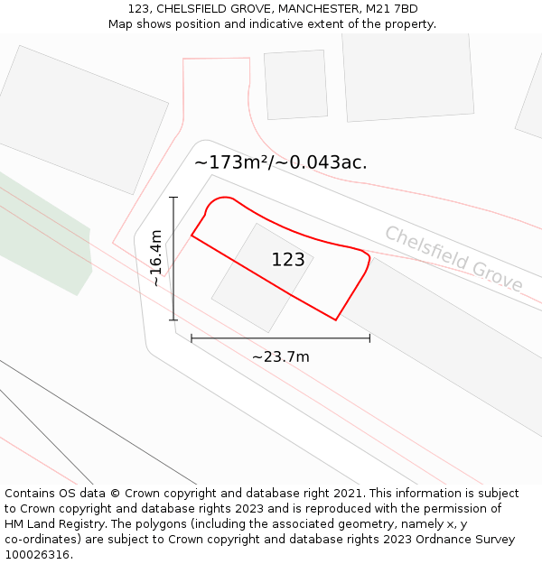 123, CHELSFIELD GROVE, MANCHESTER, M21 7BD: Plot and title map