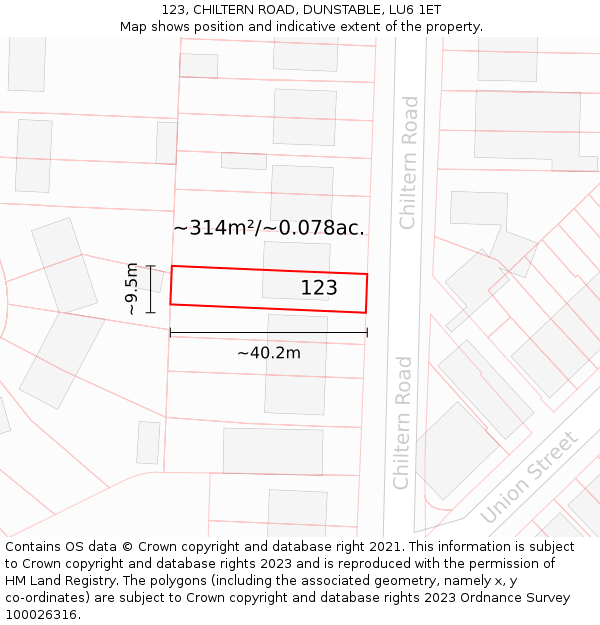 123, CHILTERN ROAD, DUNSTABLE, LU6 1ET: Plot and title map