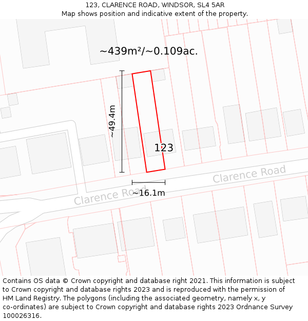 123, CLARENCE ROAD, WINDSOR, SL4 5AR: Plot and title map