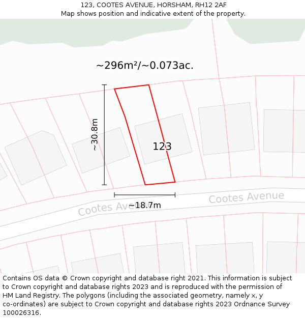 123, COOTES AVENUE, HORSHAM, RH12 2AF: Plot and title map