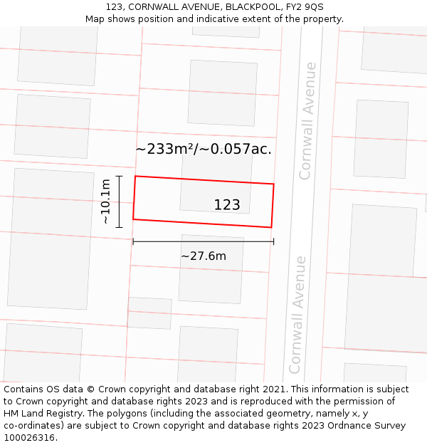 123, CORNWALL AVENUE, BLACKPOOL, FY2 9QS: Plot and title map