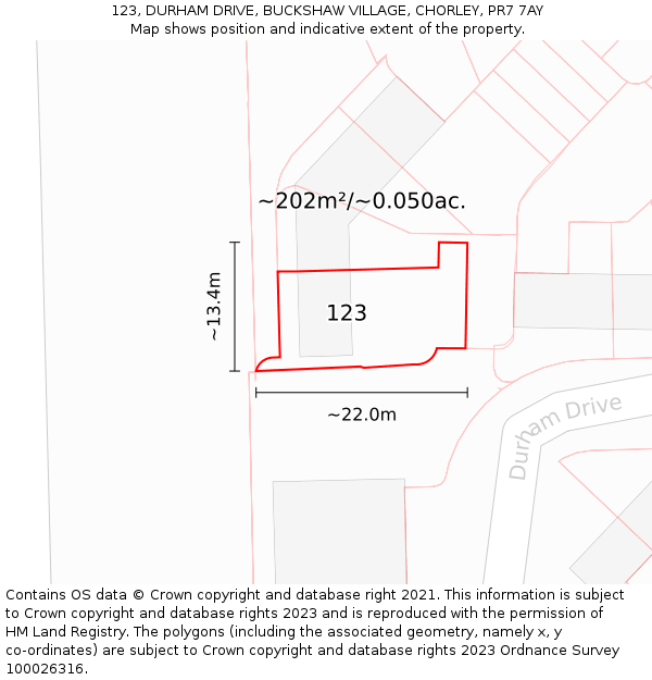 123, DURHAM DRIVE, BUCKSHAW VILLAGE, CHORLEY, PR7 7AY: Plot and title map