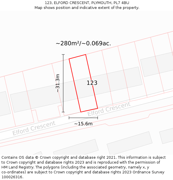 123, ELFORD CRESCENT, PLYMOUTH, PL7 4BU: Plot and title map