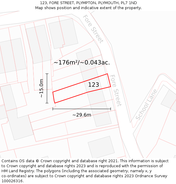 123, FORE STREET, PLYMPTON, PLYMOUTH, PL7 1ND: Plot and title map