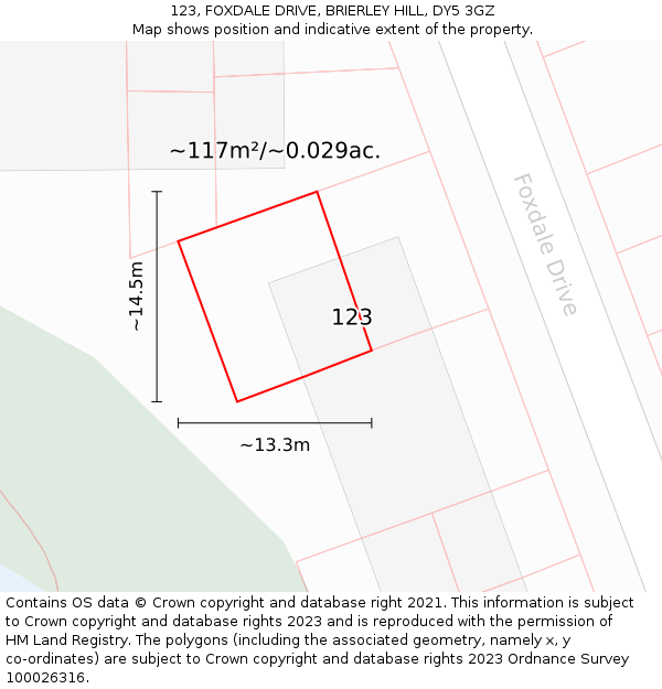 123, FOXDALE DRIVE, BRIERLEY HILL, DY5 3GZ: Plot and title map