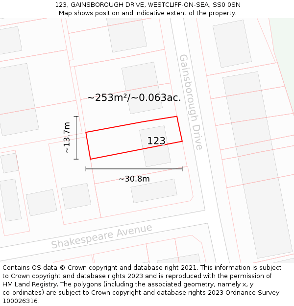 123, GAINSBOROUGH DRIVE, WESTCLIFF-ON-SEA, SS0 0SN: Plot and title map