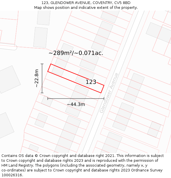 123, GLENDOWER AVENUE, COVENTRY, CV5 8BD: Plot and title map