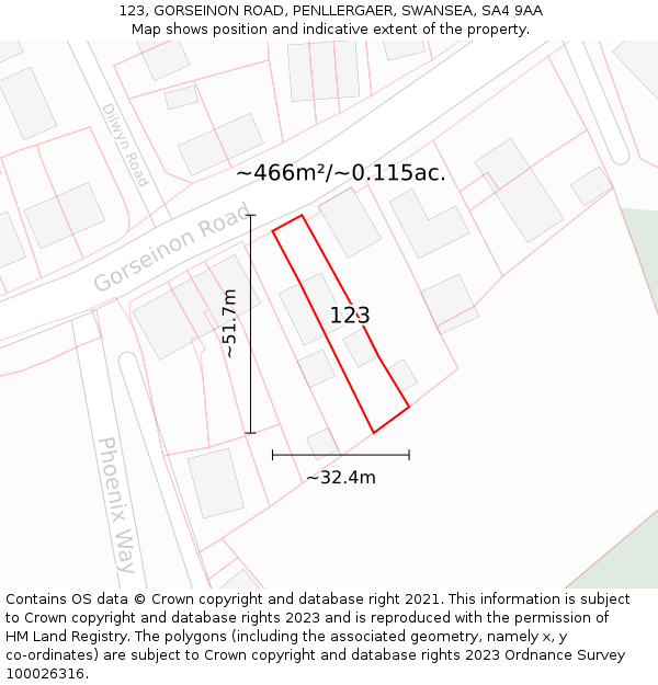 123, GORSEINON ROAD, PENLLERGAER, SWANSEA, SA4 9AA: Plot and title map