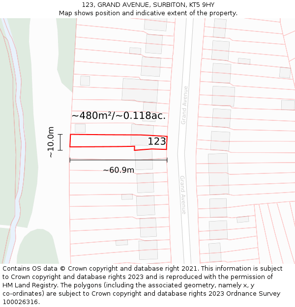 123, GRAND AVENUE, SURBITON, KT5 9HY: Plot and title map