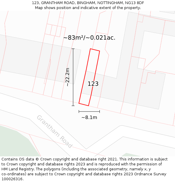 123, GRANTHAM ROAD, BINGHAM, NOTTINGHAM, NG13 8DF: Plot and title map