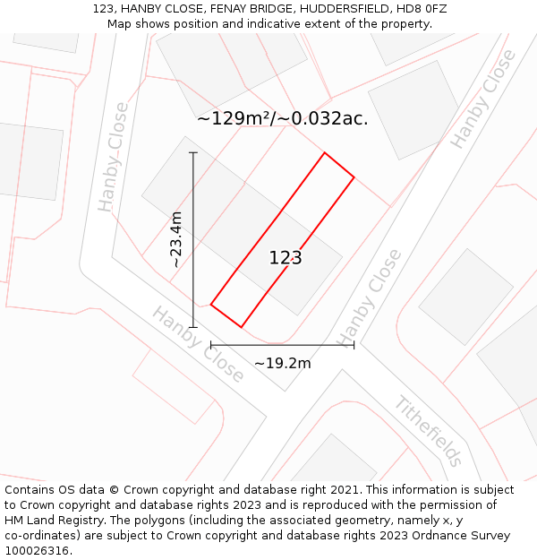 123, HANBY CLOSE, FENAY BRIDGE, HUDDERSFIELD, HD8 0FZ: Plot and title map