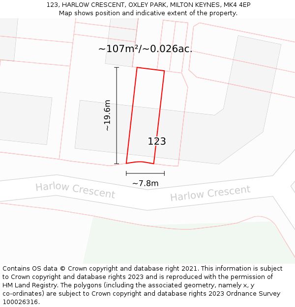 123, HARLOW CRESCENT, OXLEY PARK, MILTON KEYNES, MK4 4EP: Plot and title map