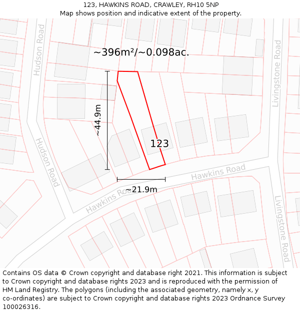 123, HAWKINS ROAD, CRAWLEY, RH10 5NP: Plot and title map