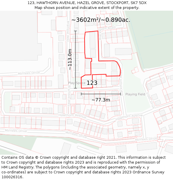 123, HAWTHORN AVENUE, HAZEL GROVE, STOCKPORT, SK7 5DX: Plot and title map