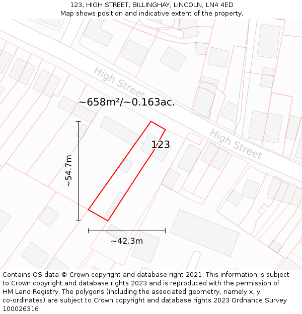 123, HIGH STREET, BILLINGHAY, LINCOLN, LN4 4ED: Plot and title map