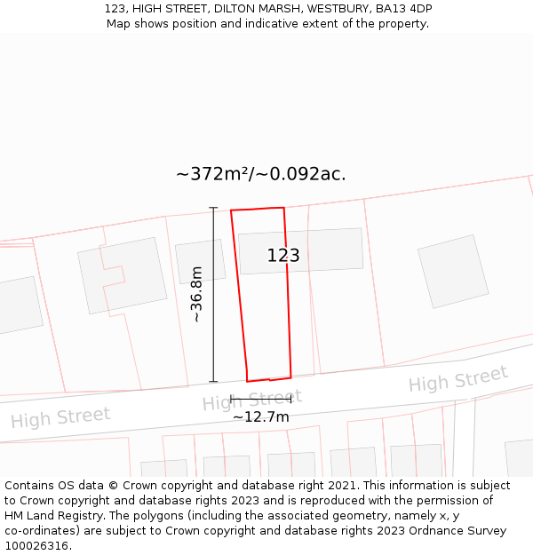 123, HIGH STREET, DILTON MARSH, WESTBURY, BA13 4DP: Plot and title map