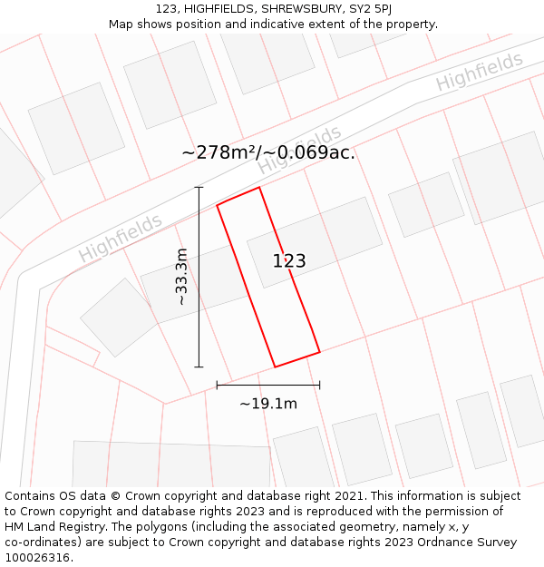 123, HIGHFIELDS, SHREWSBURY, SY2 5PJ: Plot and title map