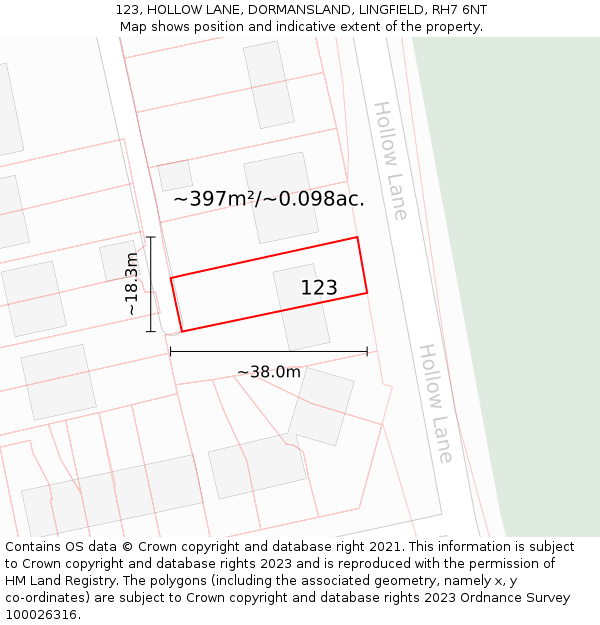 123, HOLLOW LANE, DORMANSLAND, LINGFIELD, RH7 6NT: Plot and title map