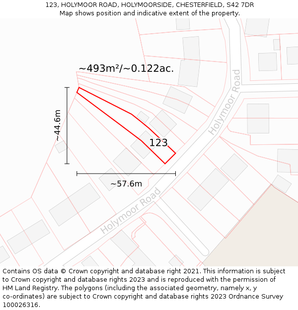 123, HOLYMOOR ROAD, HOLYMOORSIDE, CHESTERFIELD, S42 7DR: Plot and title map