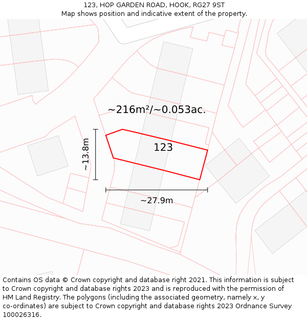 123, HOP GARDEN ROAD, HOOK, RG27 9ST: Plot and title map