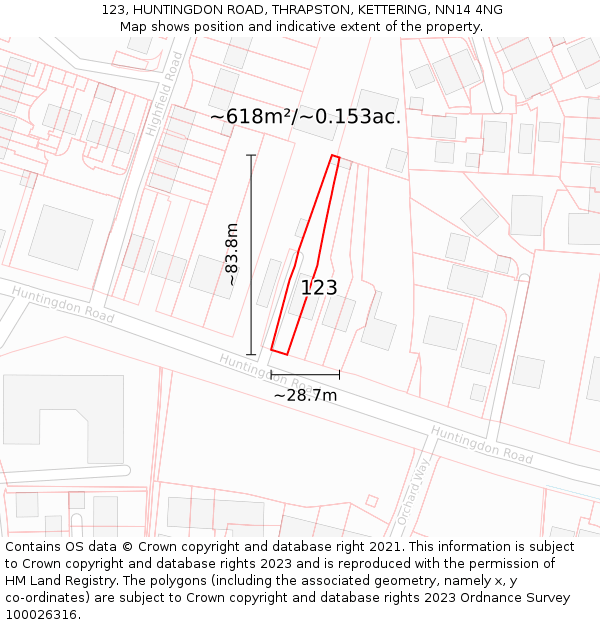 123, HUNTINGDON ROAD, THRAPSTON, KETTERING, NN14 4NG: Plot and title map