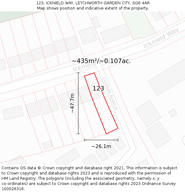 123, ICKNIELD WAY, LETCHWORTH GARDEN CITY, SG6 4AR: Plot and title map