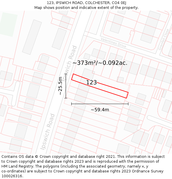 123, IPSWICH ROAD, COLCHESTER, CO4 0EJ: Plot and title map