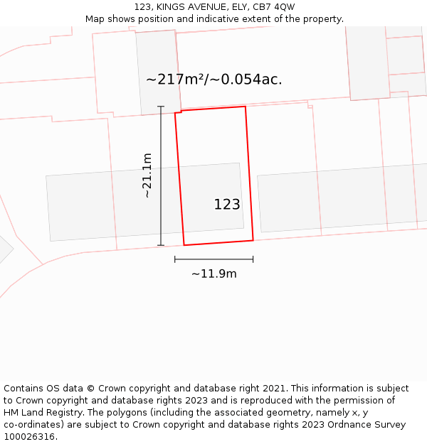 123, KINGS AVENUE, ELY, CB7 4QW: Plot and title map