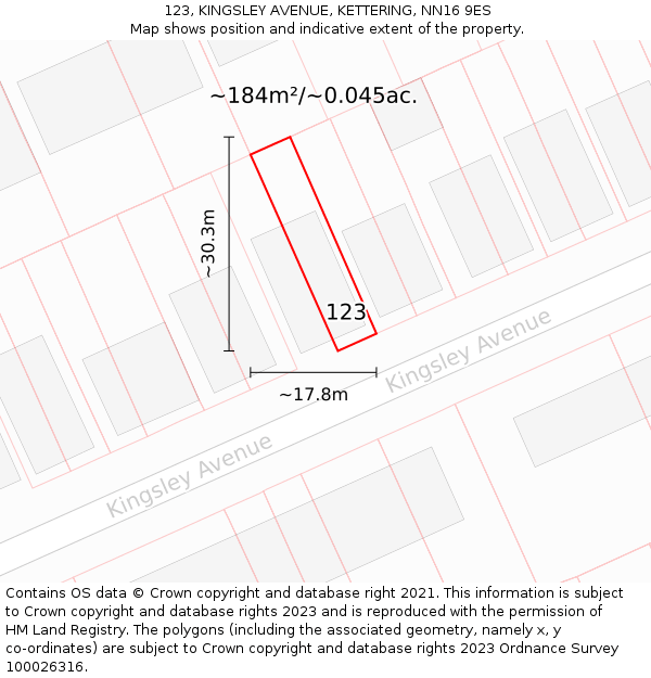 123, KINGSLEY AVENUE, KETTERING, NN16 9ES: Plot and title map