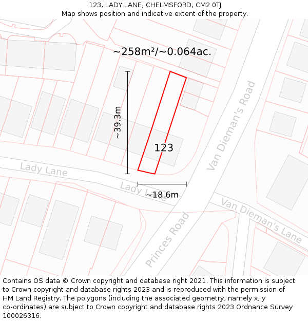 123, LADY LANE, CHELMSFORD, CM2 0TJ: Plot and title map