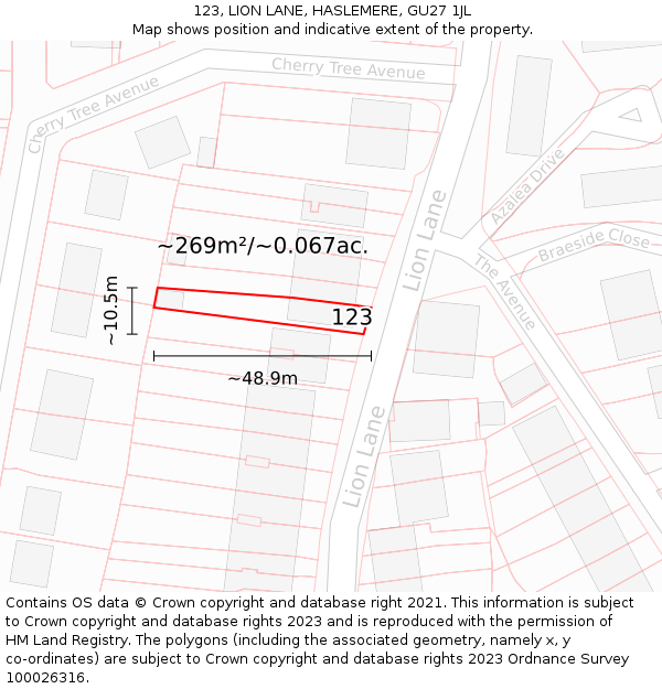 123, LION LANE, HASLEMERE, GU27 1JL: Plot and title map