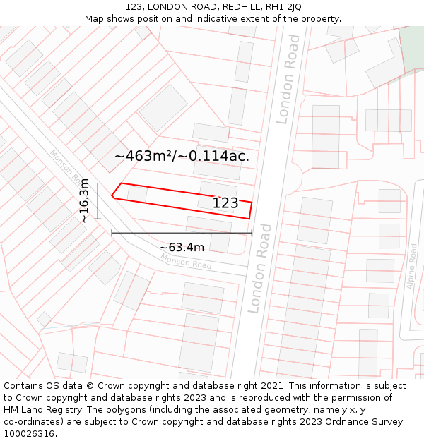 123, LONDON ROAD, REDHILL, RH1 2JQ: Plot and title map