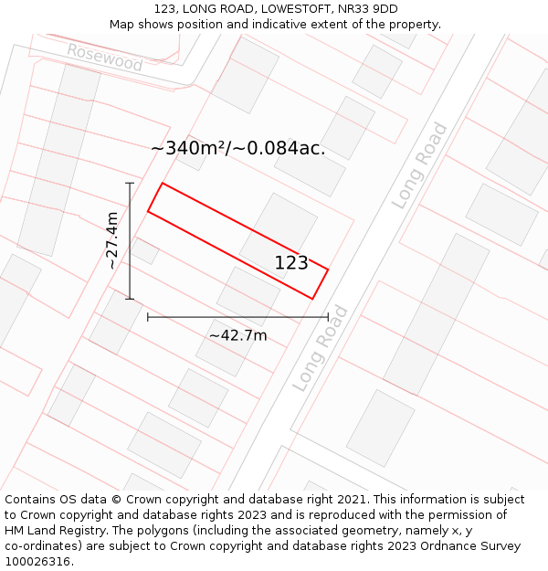 123, LONG ROAD, LOWESTOFT, NR33 9DD: Plot and title map