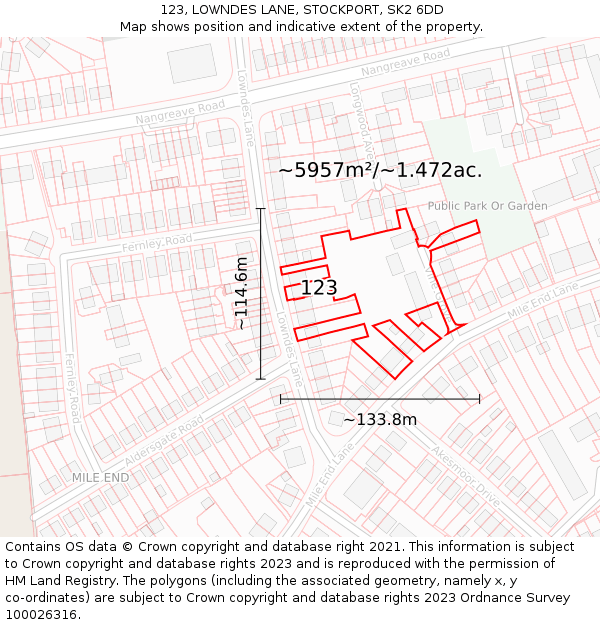 123, LOWNDES LANE, STOCKPORT, SK2 6DD: Plot and title map