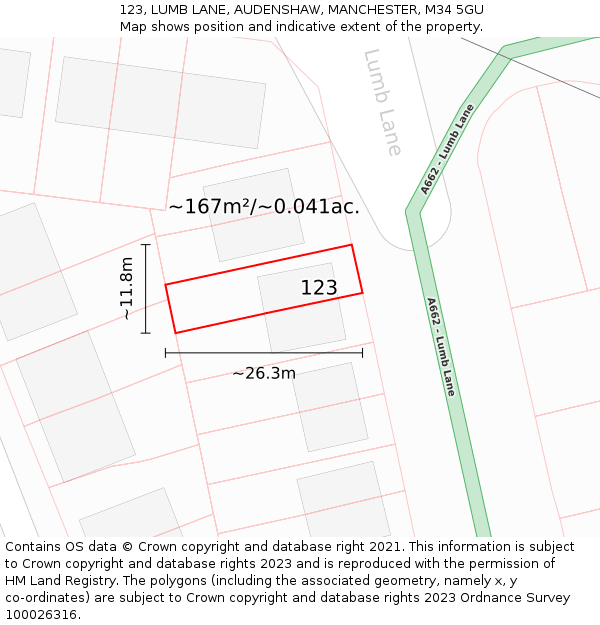 123, LUMB LANE, AUDENSHAW, MANCHESTER, M34 5GU: Plot and title map