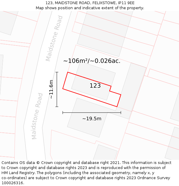 123, MAIDSTONE ROAD, FELIXSTOWE, IP11 9EE: Plot and title map