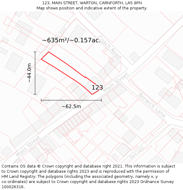 123, MAIN STREET, WARTON, CARNFORTH, LA5 9PN: Plot and title map