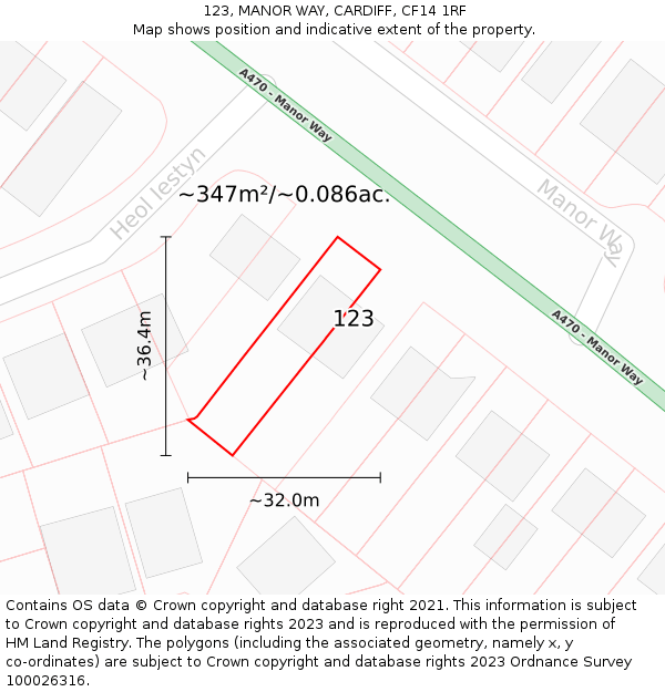 123, MANOR WAY, CARDIFF, CF14 1RF: Plot and title map