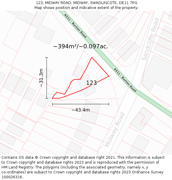 123, MIDWAY ROAD, MIDWAY, SWADLINCOTE, DE11 7PG: Plot and title map