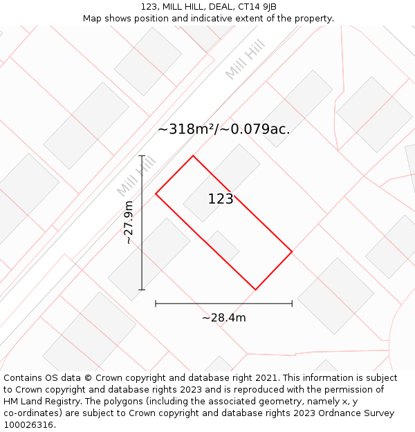 123, MILL HILL, DEAL, CT14 9JB: Plot and title map