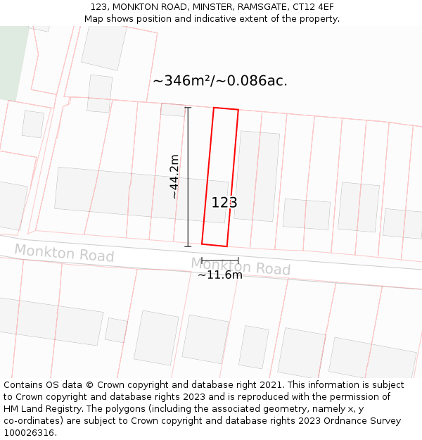 123, MONKTON ROAD, MINSTER, RAMSGATE, CT12 4EF: Plot and title map