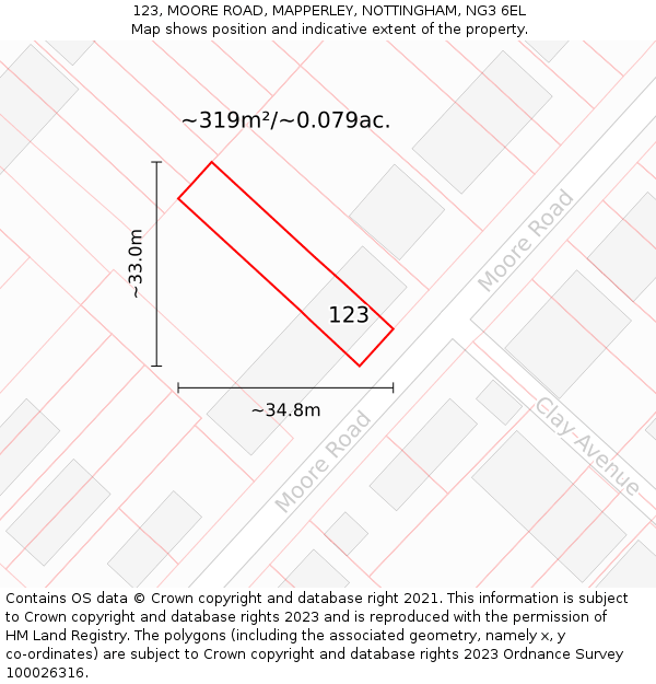 123, MOORE ROAD, MAPPERLEY, NOTTINGHAM, NG3 6EL: Plot and title map